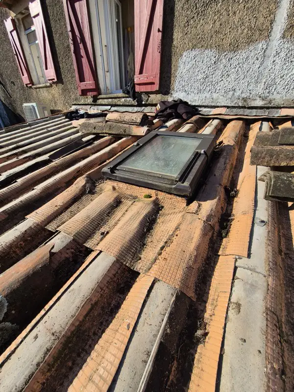 Anciennes plaques support apparentes sous les tuiles déposées, tabatière fatiguée au centre